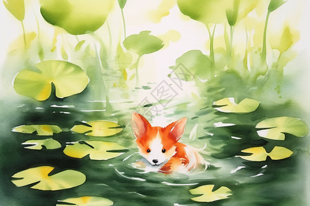 池塘里的小狗图片