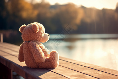 儿童娃娃湖边长椅上的玩具熊背景
