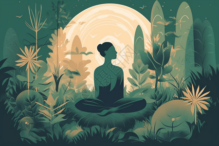 禅修打坐植物包围着冥想的女人插画