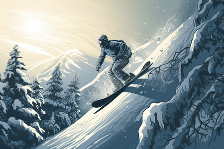 踩脚裤脚踩雪橇滑雪的人插画