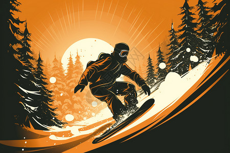 滑雪大跳台大山中的滑雪者插画