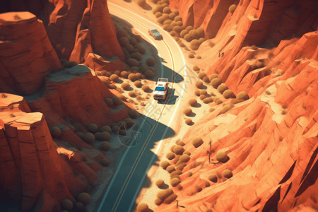 公路跑道行驶在峡谷中的汽车插画