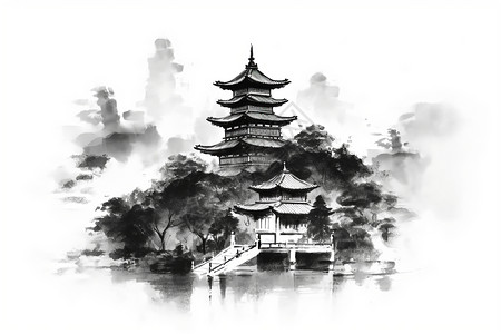 寺庙水墨画中式古典宝塔建筑插画