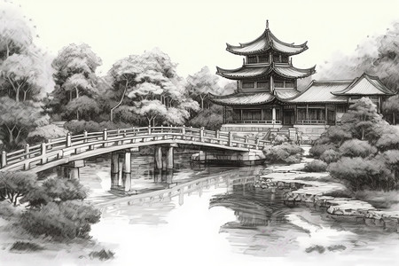 黑白中国建筑中国著名园林插画