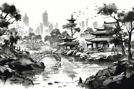 黑白中国建筑水墨画风格的中国著名园林插画