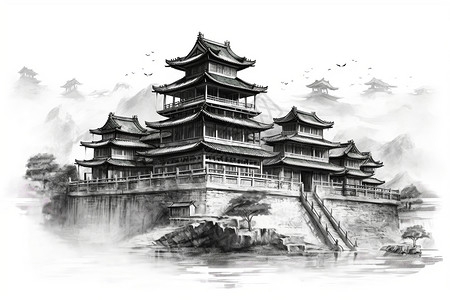 古代风格水墨画中国古代宫殿建筑插画