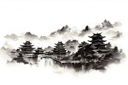 水墨风格的中国传统建筑背景图片