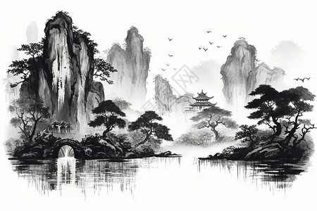 中式水墨风景画背景图片