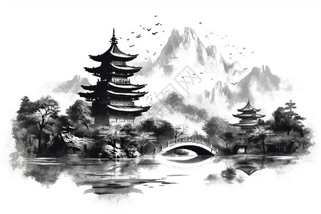 中式宝塔水墨画图片