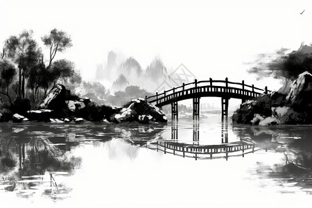 水墨中式建筑风景插画图片