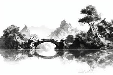 中式风格建筑水墨风格的桥梁建筑插画