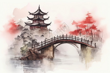 中式水彩建筑插画背景图片