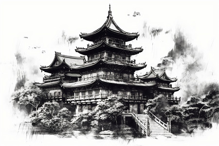 水墨风格的古典建筑背景图片