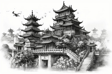 水墨风格的建筑背景图片