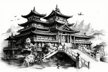华丽的水墨风格的寺庙背景图片