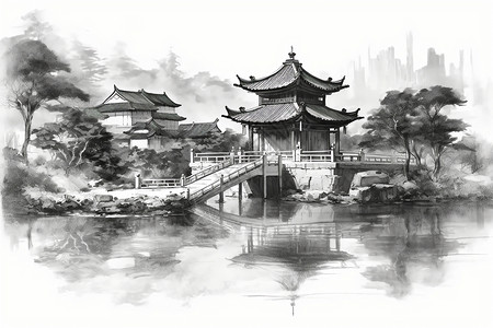 黑白中国建筑中国著名园林插画插画