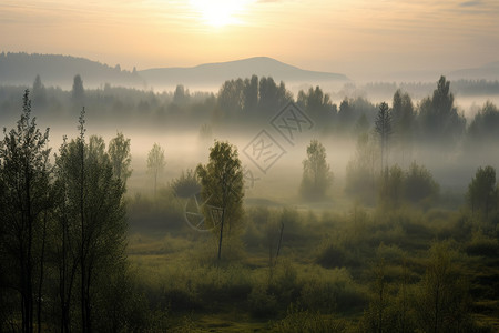 薄雾笼罩的山林图片