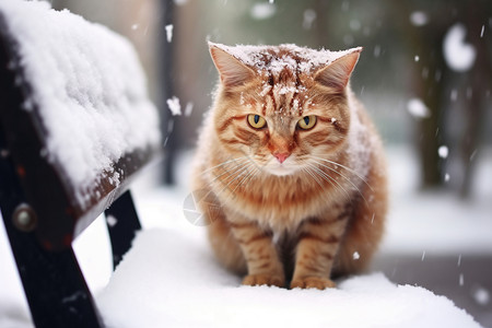冬天的猫雪地长凳上的小猫背景