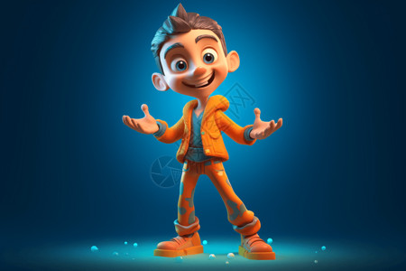 橙色夹克动态姿势的3D卡通人物模型设计图片