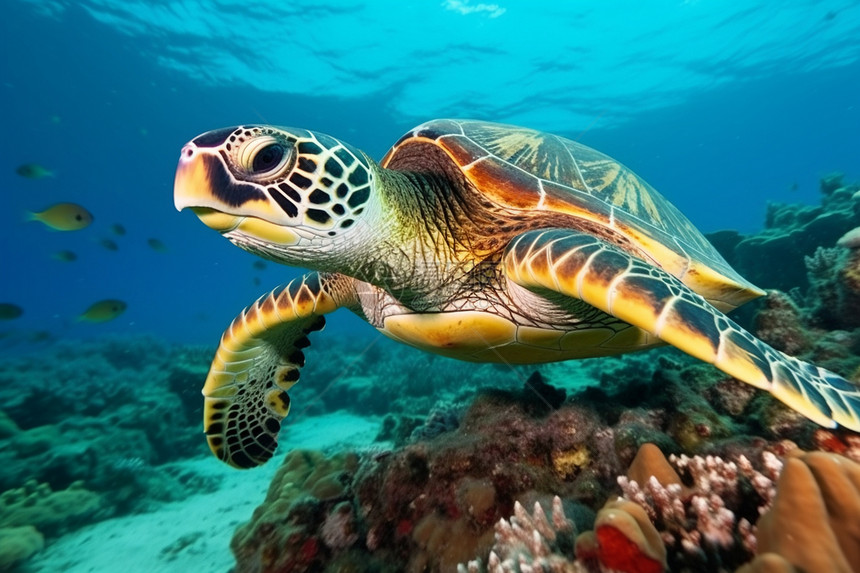 清澈海洋中游泳的海龟图片