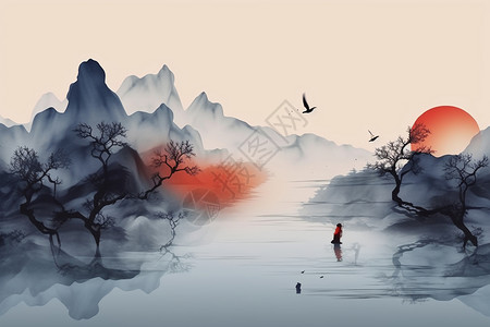 抽象山水风景插画图片