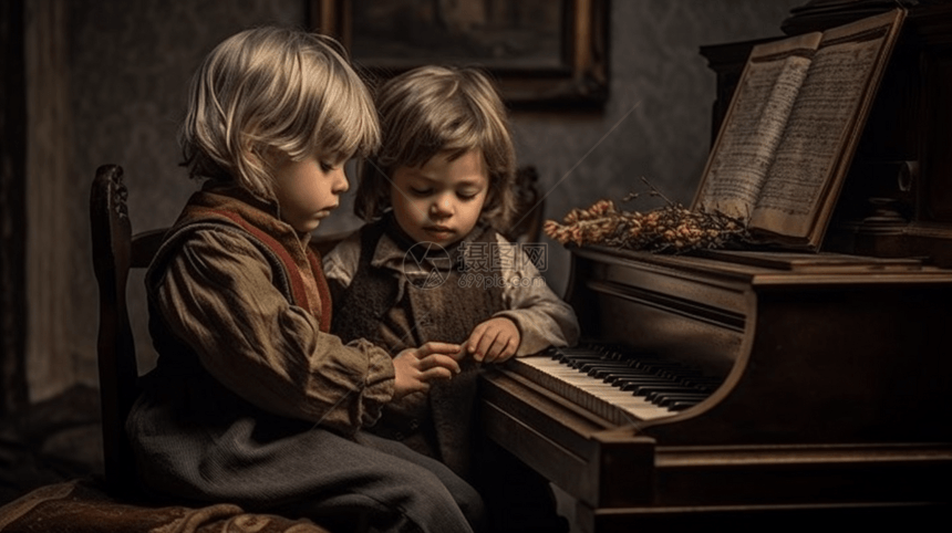 坐在钢琴面前的两个小男孩图片