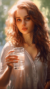 漂亮女孩饮水插图图片
