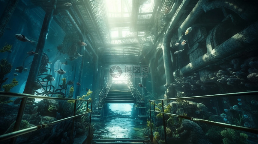 水下未来派海洋发电厂的概念图图片