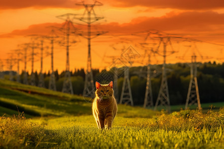 夕阳与猫素材草地上的黄猫背景