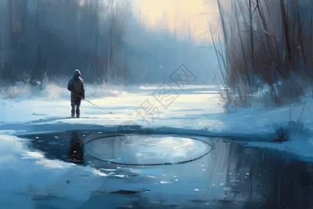冰洞一个人站在结冰的湖上钓鱼插画