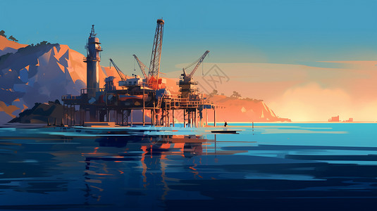 蓝色水域石油钻井台在海上插画