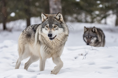 两只狼觅食的狼背景