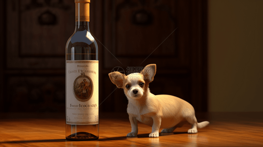 站在酒瓶旁的小狗图片