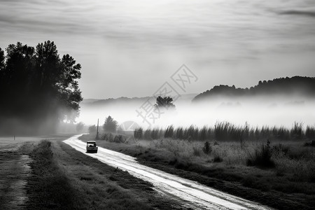 乡村道路雾道路上行驶的汽车设计图片