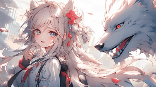 可爱的少女和狼背景图片