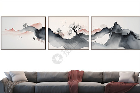 客厅墙壁上的的山水画图片