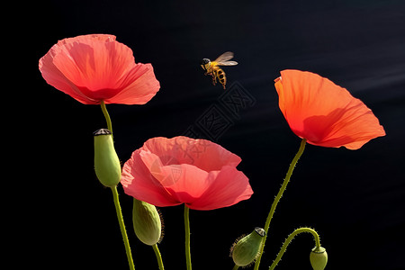 罂粟花和蜜蜂背景图片
