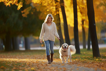 宠物秋天女人在公园里遛狗背景