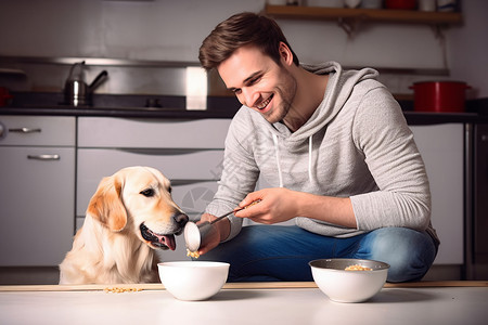 男人在喂小狗吃饭图片