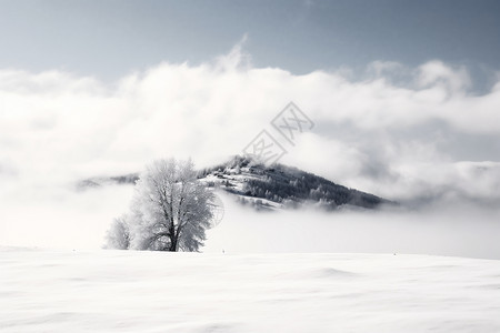 山地滑雪者雾气覆盖了山脉背景