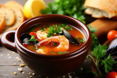 番茄汤底的海鲜餐图片