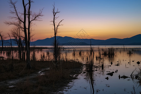 秋季日落下的湖泊图片