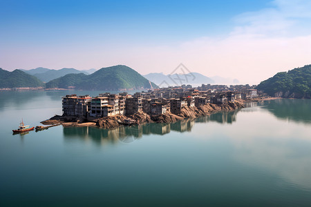 连江江水围绕的村庄背景