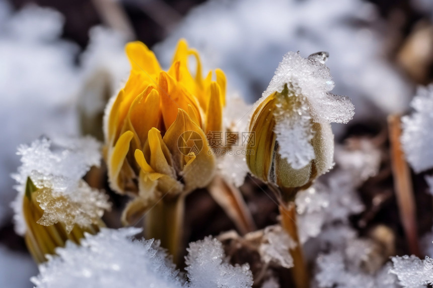 霜里的黄色花朵图片
