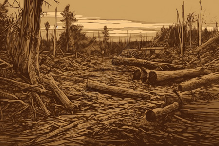树林木材满地的林业残留物插画