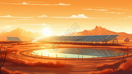 沙漠太阳能沙漠中的地热渔业插画