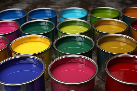 涂料桶各种颜色的油漆背景