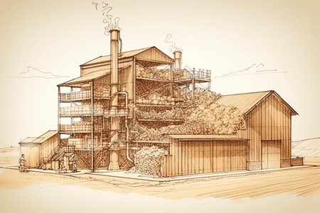 草图模型素材木质生物质工厂插画
