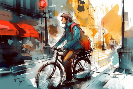 电动自行车马路上骑车的人插画