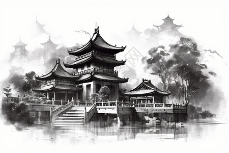 著名寺庙的水墨画背景图片